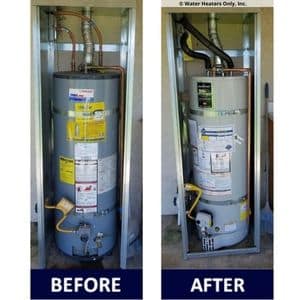 A newly installed water heater with an installation sticker from Water Heaters Only, Inc.