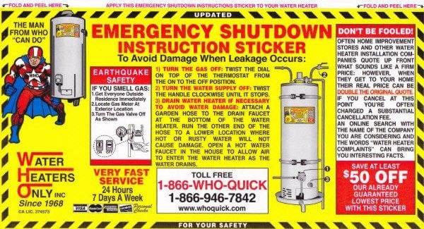 Water Heaters Only, Inc. yellow installation sticker.
